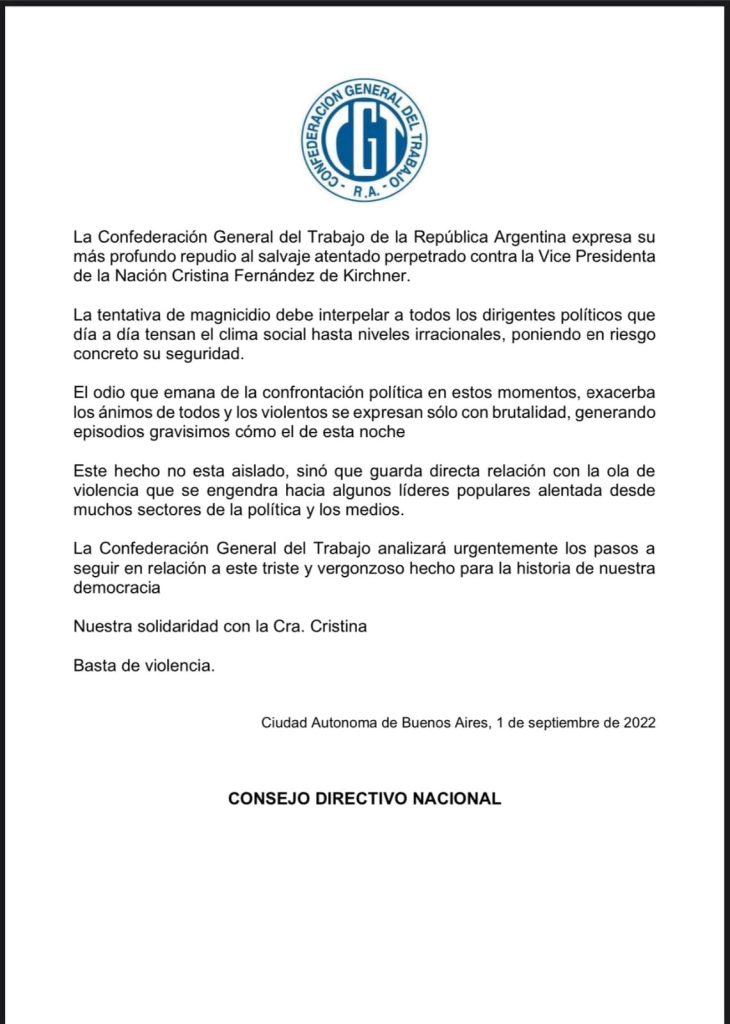 #URGENTE La CGT repudió el intento de magnicidio a Cristina y se reúne de urgencia para analizar medidas de fuerza como respuesta