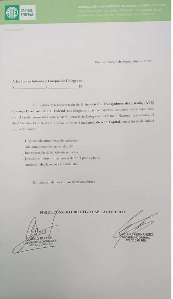 Rebelión en ATE Capital: el secretario Gremial y el de Organización convocaron un plenario por su cuenta y presionan a Catalano