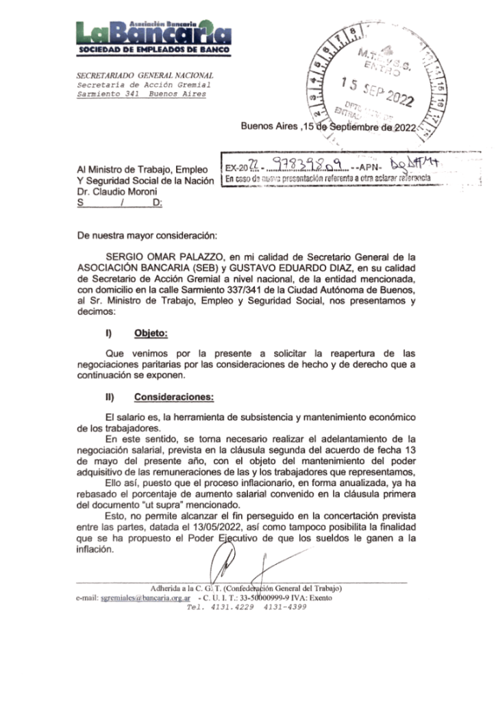 Palazzo pidió la reapertura de las paritarias para los bancarios y se recalienta la puja salarial