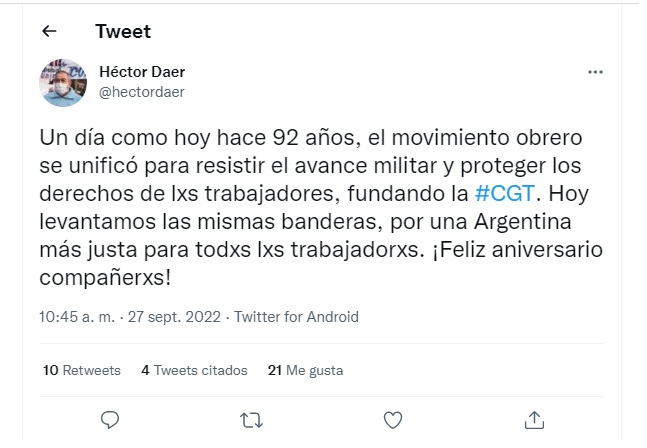 El sugerente mensaje de Héctor Daer "levantando las banderas de la unidad" en medio de la crisis interna cegetista