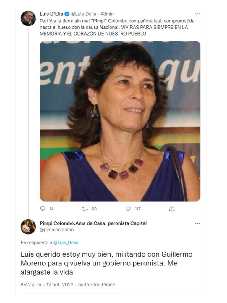 D Elía le rindió un sentido homenaje en redes por su fallecimiento, pero la propia "Pimpi" Colombo le contestó: "Me alargaste la vida"