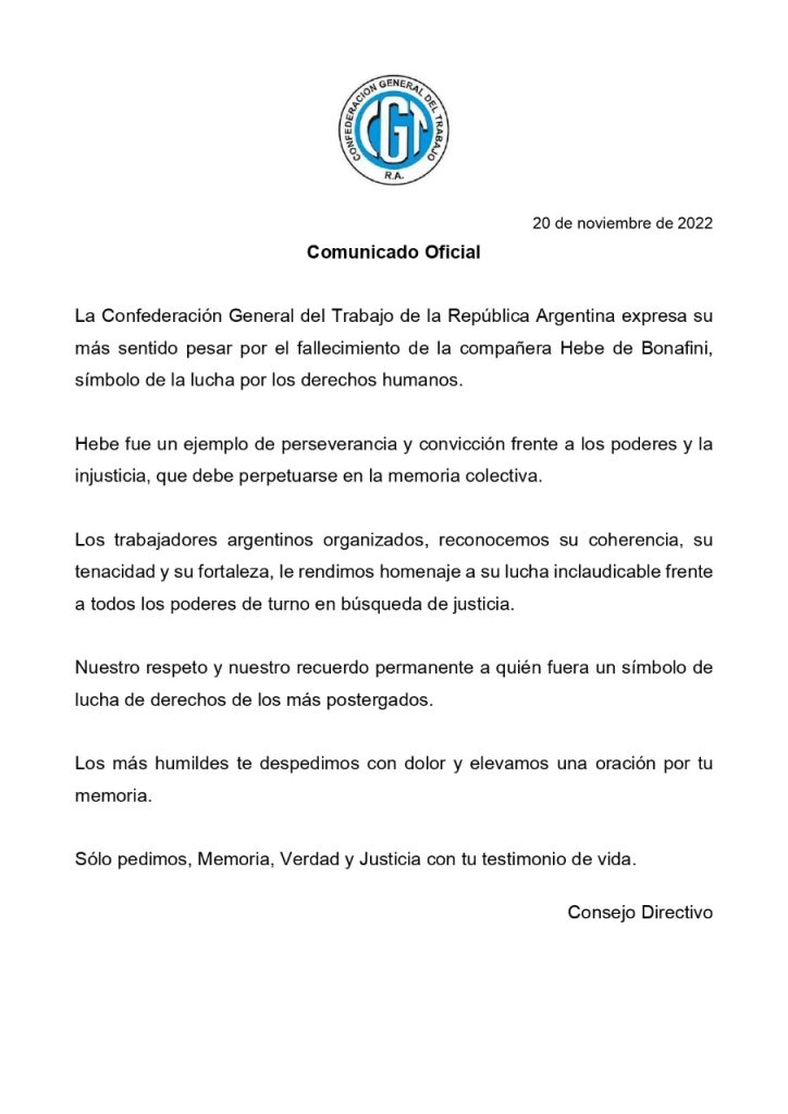 La CGT, las CTA y el mundo sindical resaltaron figura de Hebe de Bonafini como un "símbolo universal de los Derechos Humanos"