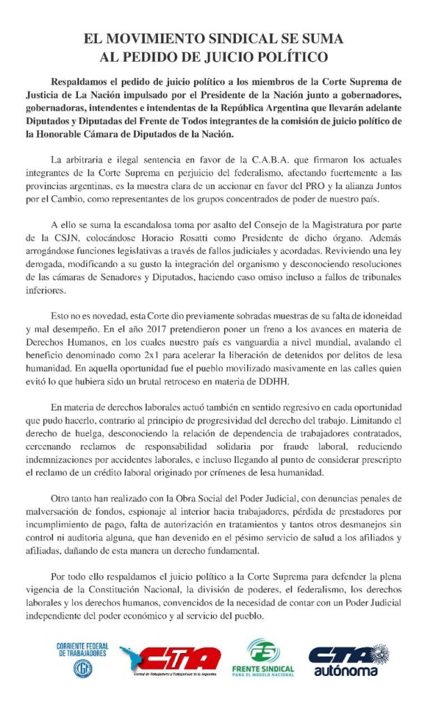 Fuerte respaldo sindical al Juicio Político a la Corte: "Necesitamos una Justicia que garantice derecho y no que persiga a quienes nos organizamos"