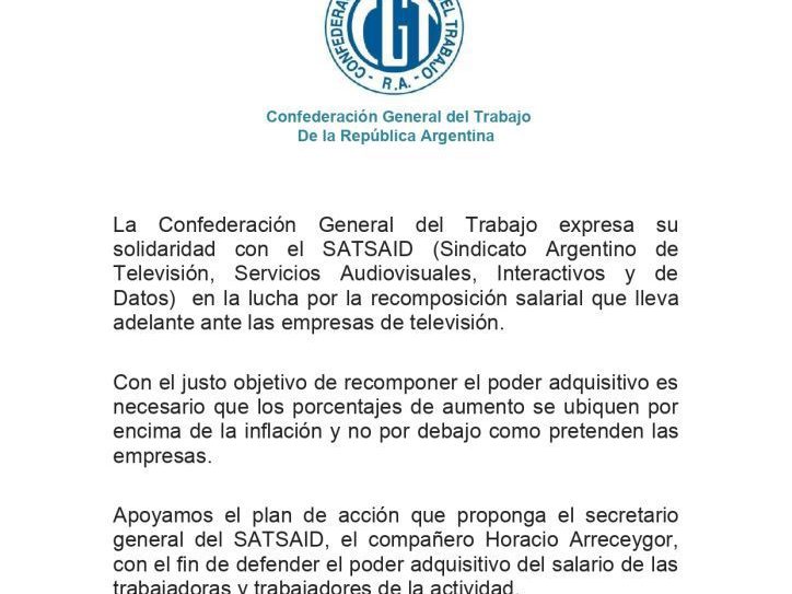 El sindicato de la televisión Satsaid, atado por la Conciliación Obligatoria, impulsa la difusión del conflicto salarial con las cámaras empresarias y celebra el apoyo de la CGT