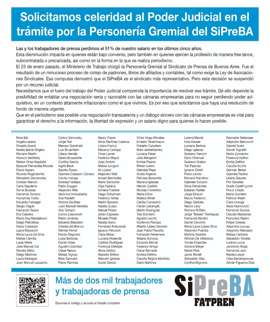 Con una solicitada firmada por más de 2 mil periodistas, el sindicato de prensa Sipreba reclamó celeridad para confirmación de la personería gremial