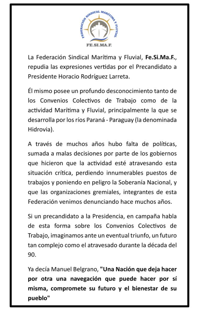 La Federación Marítima y Fluvial desmintió a Larreta que culpó a los Convenios por la falta de barcos nacionales en la Hidrovía: "Posee un profundo desconocimiento"