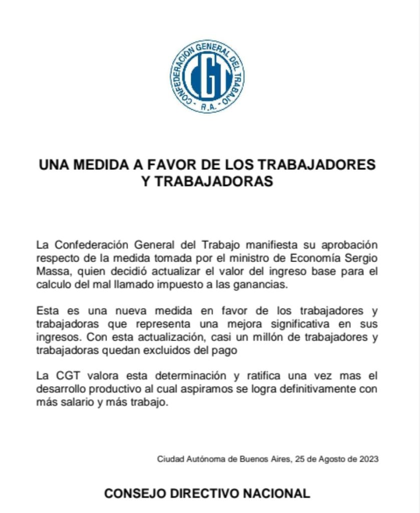 Desconcierto: la CGT salió a respaldar un anuncio sobre Ganancias que Massa no realizó y después buscó instalar que fue por una medida tomada hace 20 días