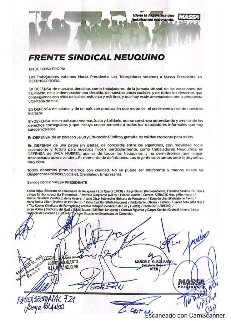 Más de 20 sindicatos de Neuquén firmaron el Frente Sindical y acordaron apoyar a Sergio Massa en el balotaje 