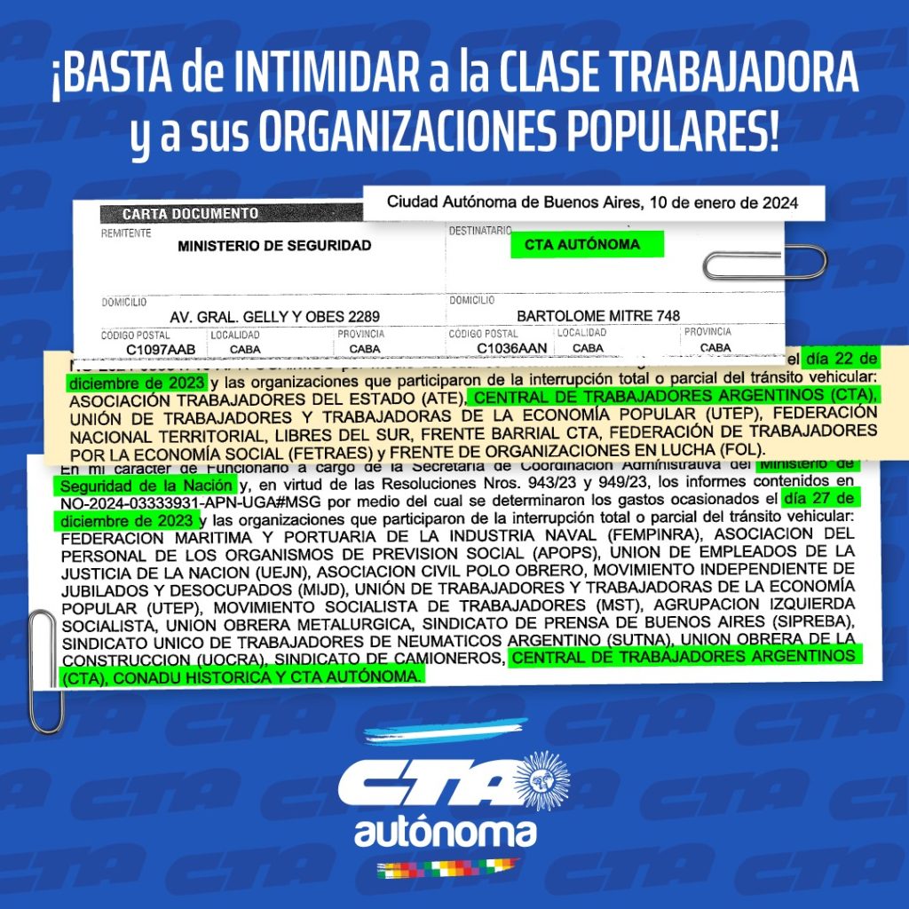 Multas: la CTA Autónoma pidió a la Comisión Interamericana de DDHH y a la ONU que intercedan para que el Estado argentino termine con la persecución a la protesta