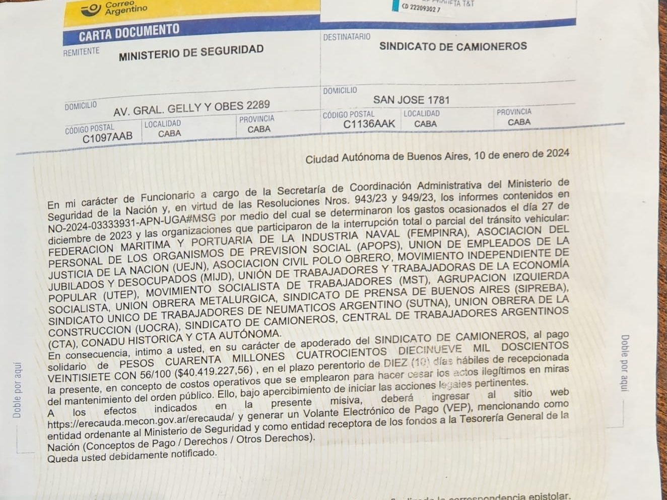 La intimación de Bullrrich empieza a tomar vuelo internacional y la Federación Mundial del Transporte condenó la "criminalización" de la protestas y las multas a los gremios