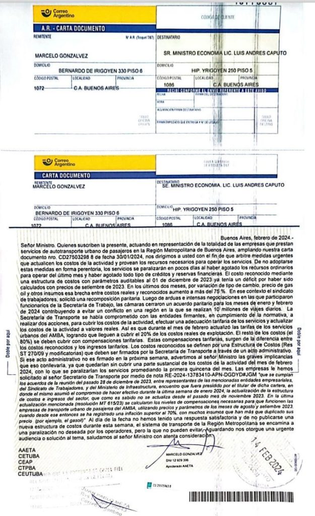 Las Cámaras de Transporte del AMBA le reclaman a Caputo los subsidios, alertan por la "paralización" de los servicios y amagan con no pagar el aumento de salarios firmado con la UTA