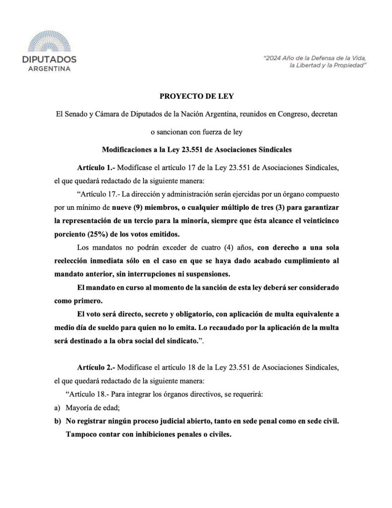 Los diputados radicales se suben a la agenda de Javier Milei y buscan modificar la Ley de Asociaciones Sindicales para limitar las reelecciones sindicales