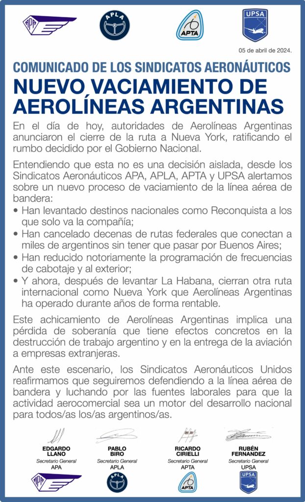Aerolíneas Argentinas pierde la ruta Buenos Aires-Nueva York y gremios aeronáuticos denuncian vaciamiento por "destrucción de trabajo argentino" y "la entrega de la aviación a empresas extranjeras"