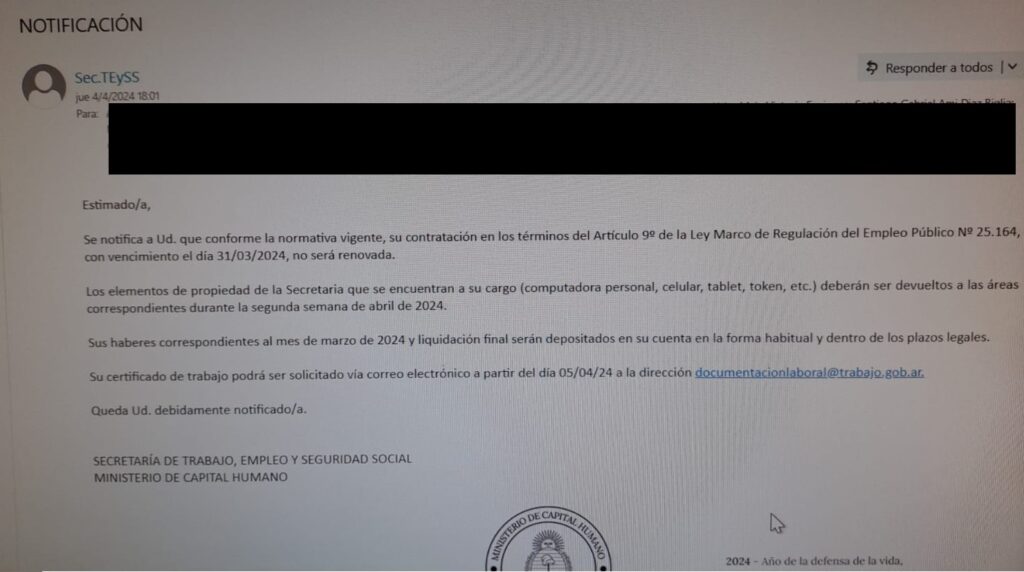 #EXCLUSIVO Este jueves, después de las 18 horas y con un mail sin la firma de ningún funcionario, Cordero y Pettovello activaron otra tanda de despidos masivos en Trabajo