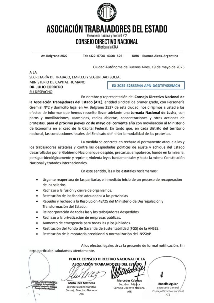 "Tenemos que frenar el salvajismo del Gobierno": nuevo paro nacional de ATE con movilización al Ministerio de Economía