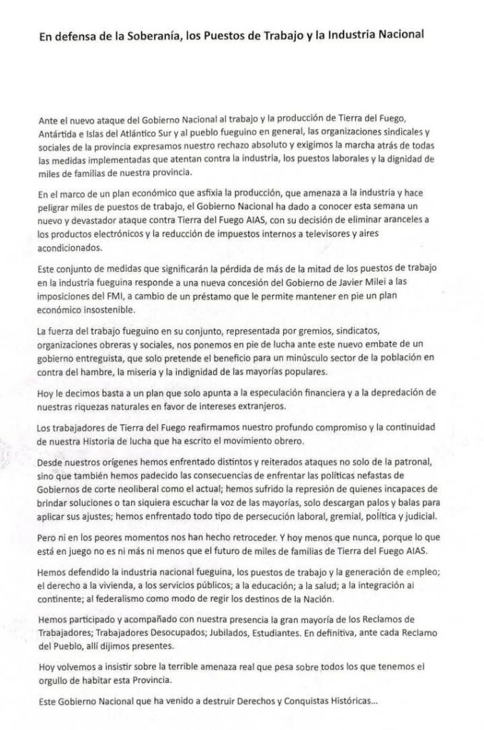 Se unen todos los sectores y Tierra del Fuego tendrá un paro general total el miércoles 21 para defender la industria y el empleo en la provincia