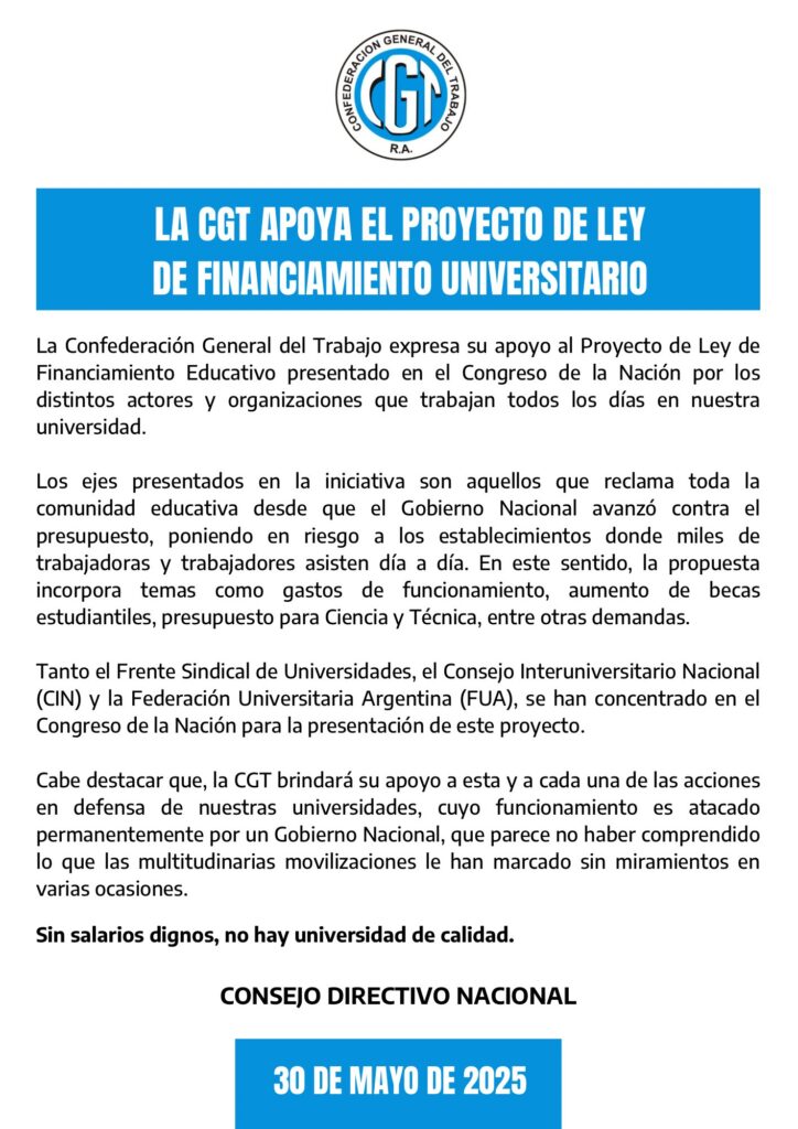 La CGT respaldó el proyecto de ley para financiar las universidades públicas