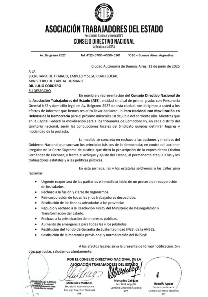 ATE para, moviliza a Comodoro Py con CFK y exige juicio político a la Corte: "Existen pruebas concretas de que el máximo tribunal es parcial y dependiente"