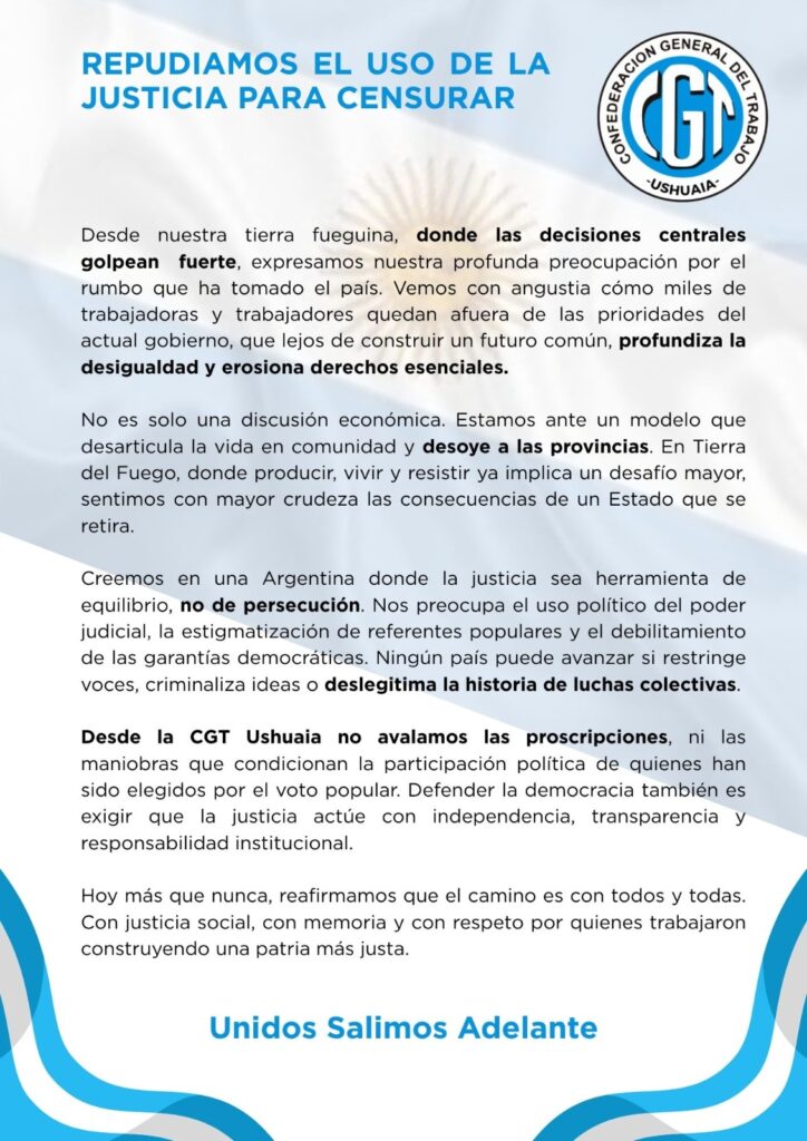 Mientras se espera el pronunciamiento pleno de su conducción, la CGT ya motoriza el rechazo de todas sus regionales a la proscripción de CFK