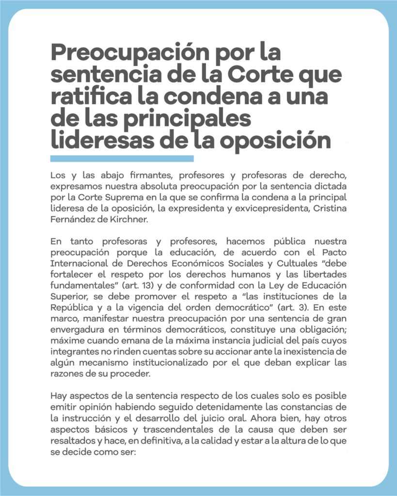 Juristas, docentes y especialistas en Derecho cuestionaron el fallo de la Corte Suprema y advirtieron: "Con proscripción no hay democracia"
