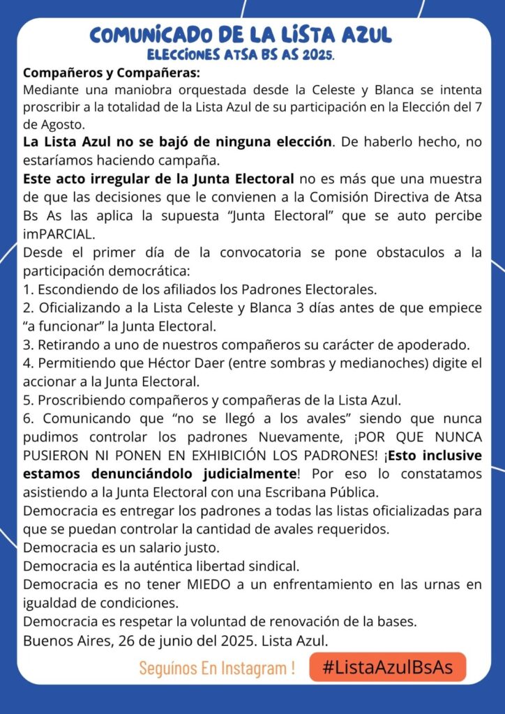 Tironeos en ATSA Buenos Aires por la oficialización de listas para las elecciones sindicales que van a reemplazar a Daer