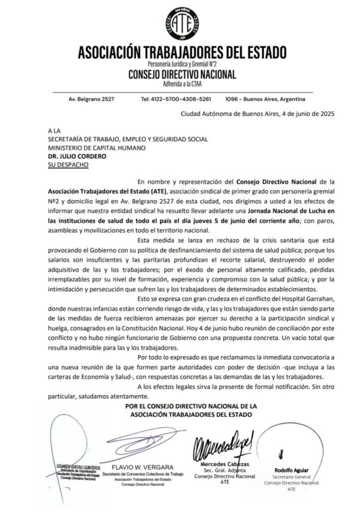 ATE nacionaliza el conflicto del Hospital Garrahan y lanza un paro nacional de Salud a partir de la medianoche
