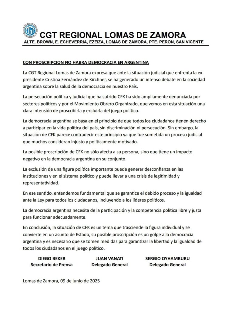 Mientras se espera el pronunciamiento pleno de su conducción, la CGT ya motoriza el rechazo de todas sus regionales a la proscripción de CFK