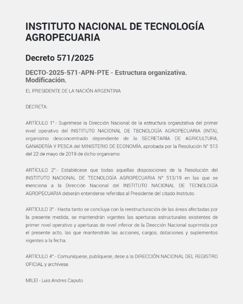 Aguiar rechazó el cierre de la Dirección Nacional del INTA y acusó al Gobierno de esconder intereses en las tierras y edificios del organismo: "Convirtieron la Casa Rosada en una inmobiliaria"