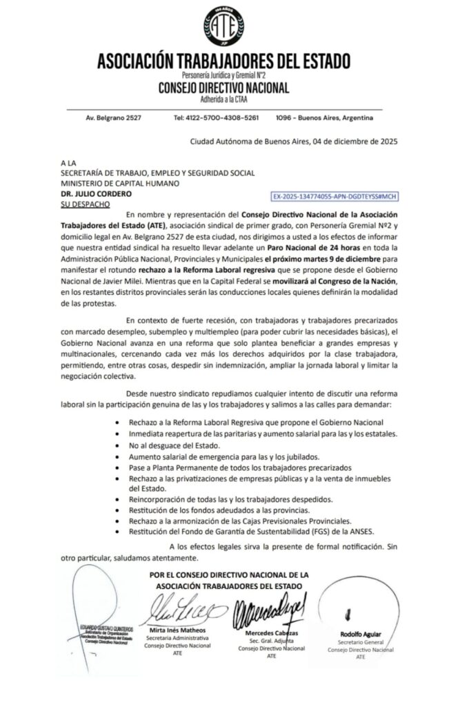 ATE fijó la fecha del Paro Nacional para el 9 de diciembre y se movilizará al Congreso