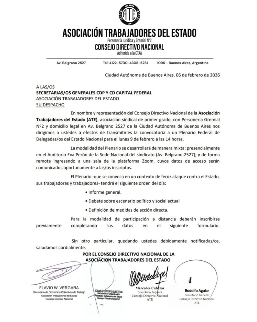 ATE convocó un plenario para el lunes 9 y piensa en nuevas medidas de fuerza para sostener la conflictividad después del 11 de febrero