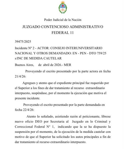 La Justicia suspendió "transitoriamente" la cautelar que obliga al Gobierno a enviar los fondos a las universidades