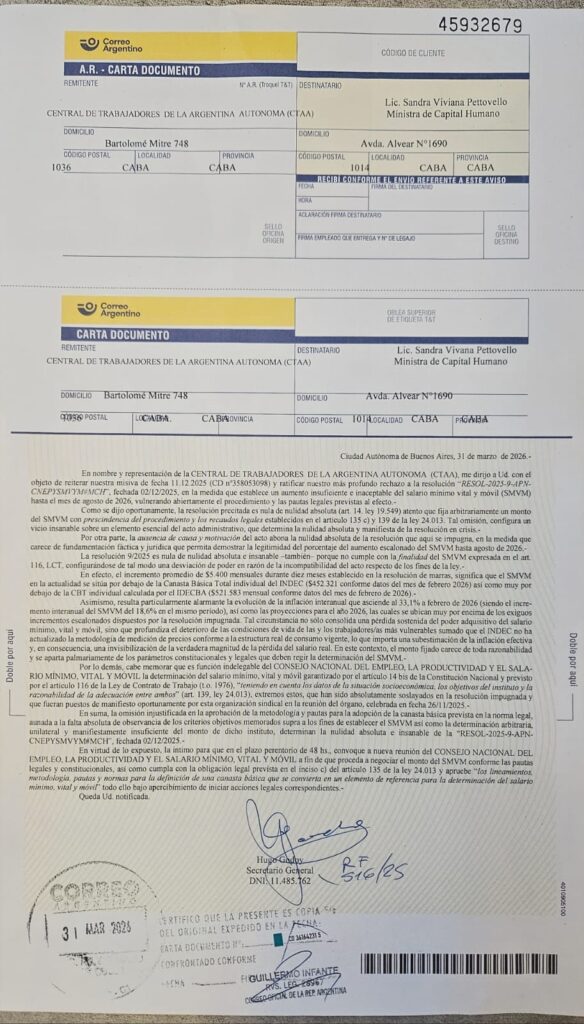 Con una Carta Documento, las CTA reavivan el reclamo de actualización del salario mínimo y le exigen a Pettovello que convoque urgente al Consejo