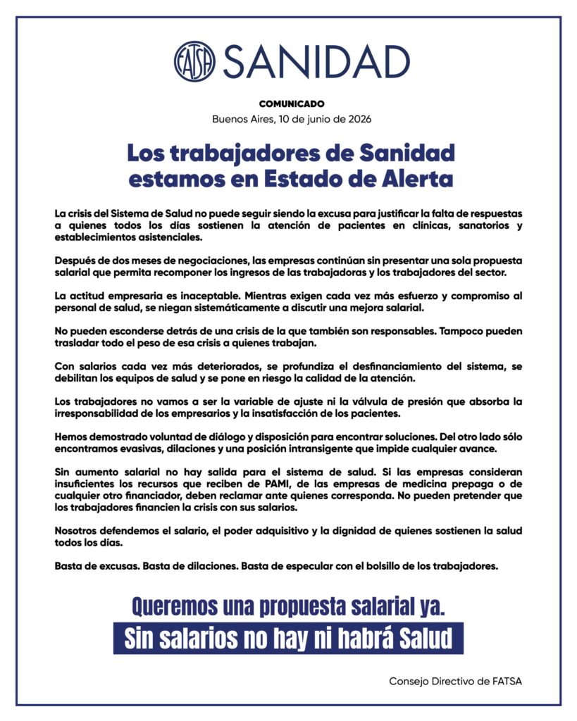 "Sin aumento salarial no hay salida para el sistema de salud": La Federación de Sanidad FATSA declara estado de alerta y denuncia dos meses de negociaciones sin propuestas