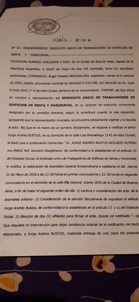 Sospechosa desafiliación de quien fuera el candidato opositor en el gremio de encargados de edificios