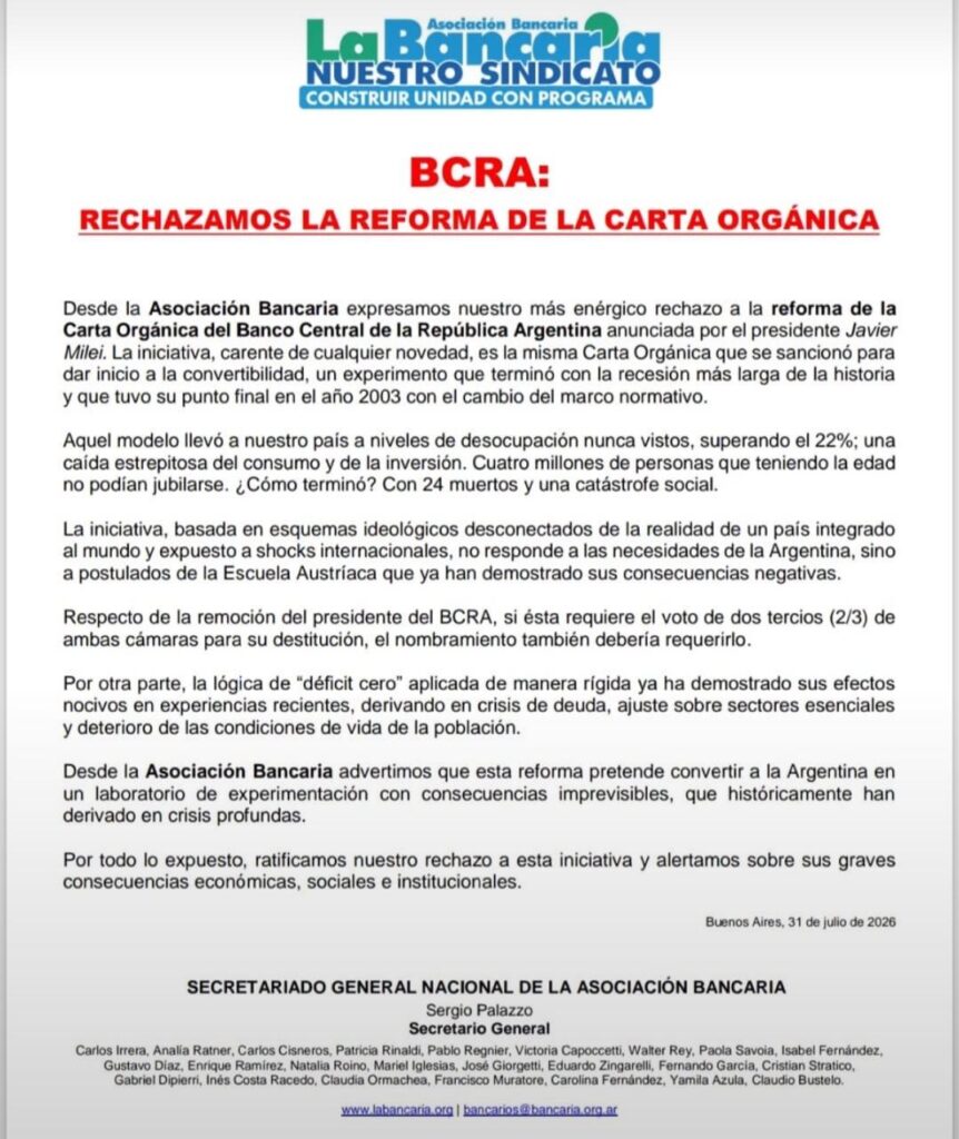 La Bancaria rechazó el proyecto para reformar el Banco Central y aseguró que tiene graves riesgos económicos, sociales e institucionales