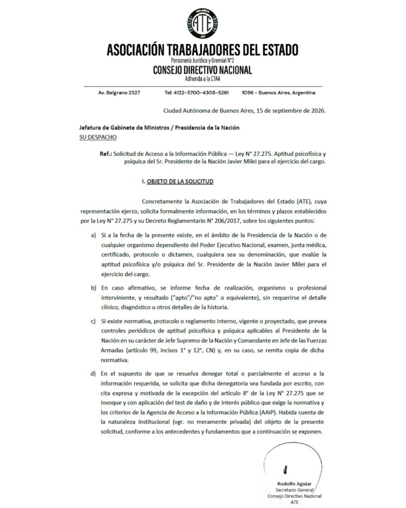 ATE exigió un examen médico psicofísico para conocer el estado de salud de Milei: "Los desequilibrios mentales del presidente son muy evidentes"