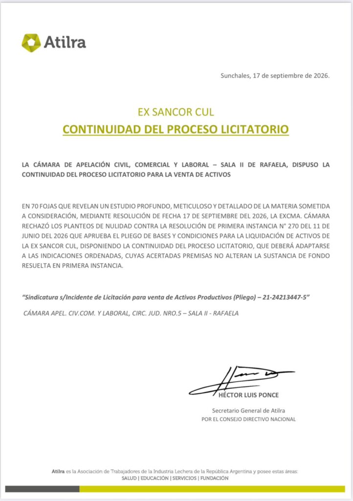 La Justicia ordenó que continúe la venta de los activos de SanCor: "No hay que empezar de nuevo"