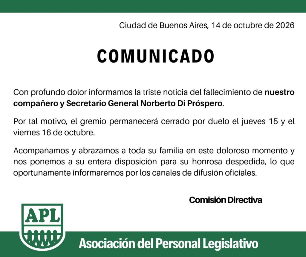Falleció Norberto Di Próspero, histórico secretario general de APL, y Sandra Renzini deberá completar su mandato