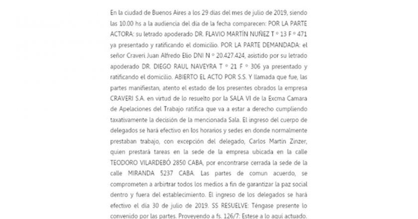La Justicia obligó a Craveri a reincorporar a los delegados