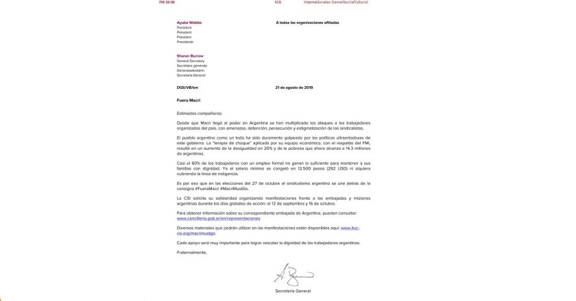 «Fuera Macri», la consigna global de la principal central sindical mundial