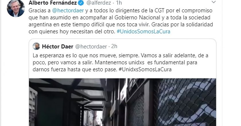 El presidente agradeció a Daer y a la CGT por acompañar al Gobierno «en este tiempo difícil»