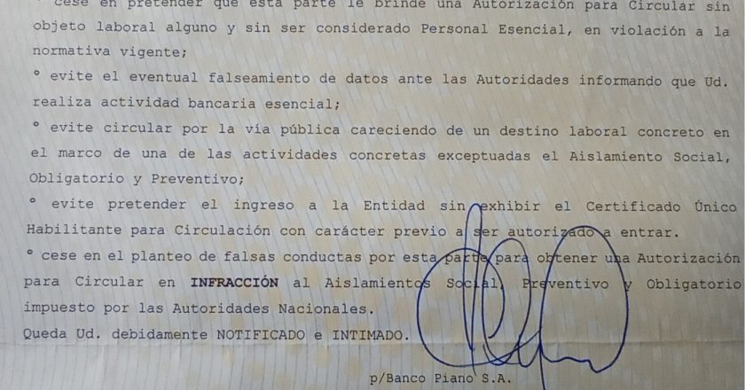 Ahora Banco Piano intima a los delegados a dejar de constatar que se cumplan los protocolos