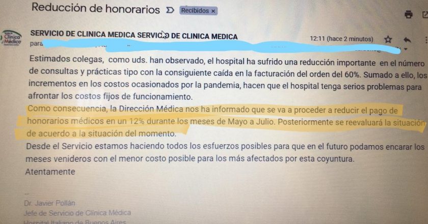 El Hospital Italiano le bajó el 12% el sueldo a sus médicos