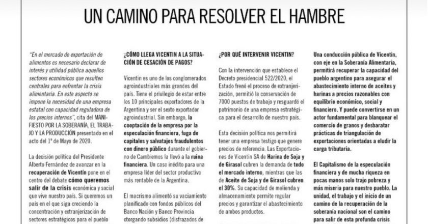 Más de 100 organizaciones firmaron una solicitada para apoyar el control estatal de Vicentin