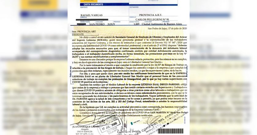 Azucareros denuncian que Ledesma no cumple los protocolos y oculta los casos de Covid-19