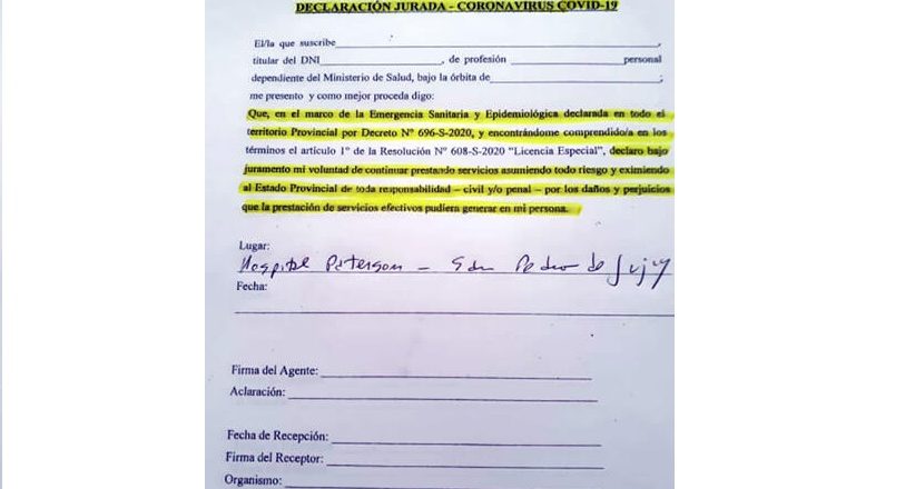 Furia de los médicos porque Morales les quiere hacer firmar una declaración jurada para abandonarlos en la pandemia