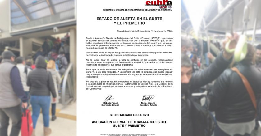 Con los subtes abarrotados y los pasillos colmados, los Metrodelegados declaran «estado de alerta»