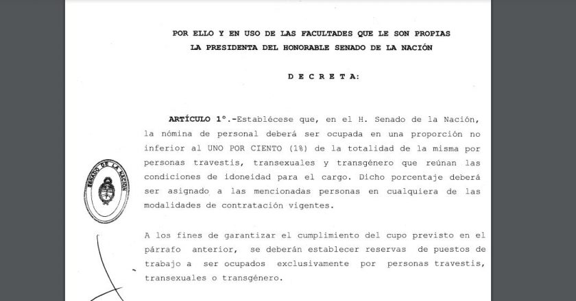CFK decretó el cupo laboral trans en el Senado de la Nación