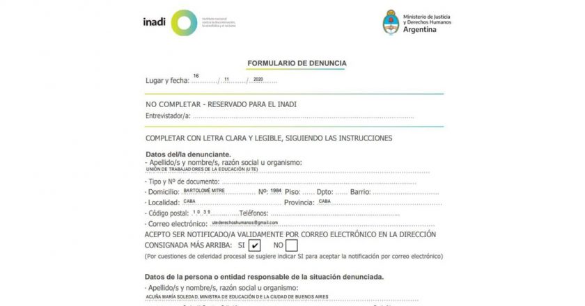 Los docentes llevan a Acuña frente al INADI y la acusan de una actitud «evidentemente discriminatoria»